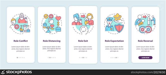 Social position concept onboarding mobile app page screen. People roles in life walkthrough 4 steps graphic instructions with concepts. UI, UX, GUI vector template with linear color illustrations. Social roles concept onboarding mobile app page screen