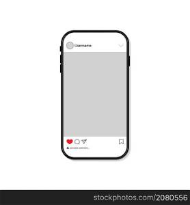 Social post mockup in smartphone. Template of app with interface on screen of cellphone. Social media carousel. Mock up for ui, ad, story, photo, comment, portfolio. Vector.