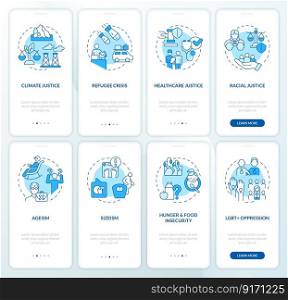 Social problems blue onboarding mobile app screen set. Justice issues walkthrough 4 steps editable graphic instructions with linear concepts. UI, UX, GUI template. Myriad Pro-Bold, Regular fonts used. Social problems blue onboarding mobile app screen set