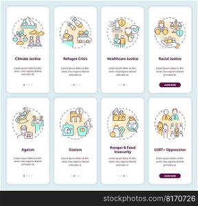 Social problems onboarding mobile app screen set. Justice issues walkthrough 4 steps editable graphic instructions with linear concepts. UI, UX, GUI template. Myriad Pro-Bold, Regular fonts used. Social problems onboarding mobile app screen set