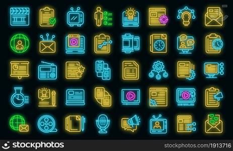 Social project icons set. Outline set of social project vector icons neon color on black. Social project icons set vector neon