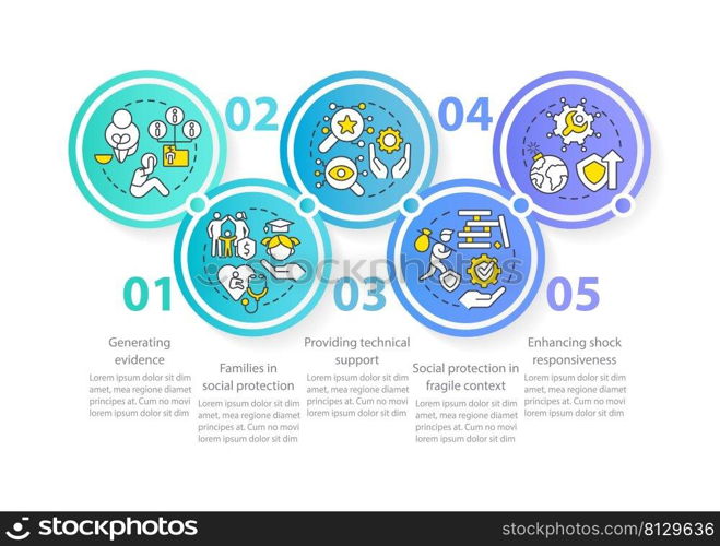 Social protection activities blue circle infographic template. Data visualization with 5 steps. Process timeline info chart. Workflow layout with line icons. Myriad Pro-Regular font used. Social protection activities blue circle infographic template