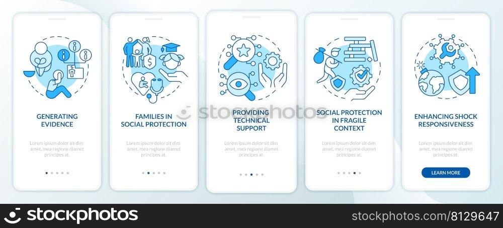 Social protection activities blue onboarding mobile app screen. Walkthrough 5 steps graphic instructions pages with linear concepts. UI, UX, GUI template. Myriad Pro-Bold, Regular fonts used. Social protection activities blue onboarding mobile app screen