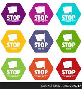 Social protest stop icons 9 set coloful isolated on white for web. Social protest stop icons set 9 vector