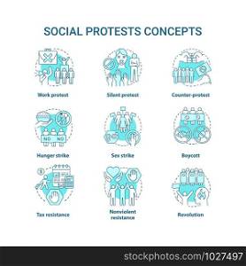 Social protests concept icons set. Public demonstrations, civil disobedience idea thin line illustrations. Political opposition, strikes and boycotts vector isolated outline drawings. Editable stroke