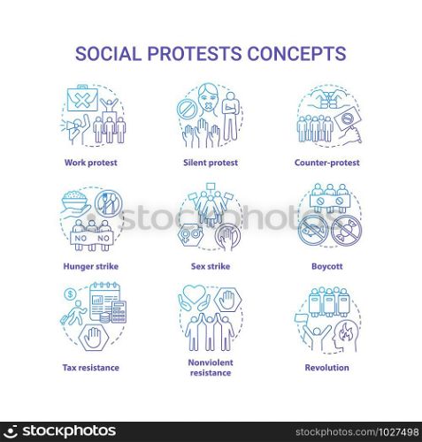 Social protests concept icons set. Public demonstrations, civil disobedience idea thin line illustrations. Political resistance and strikes vector isolated outline drawings. Government manifestation