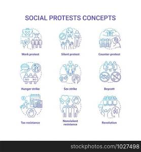 Social protests concept icons set. Public demonstrations, civil disobedience idea thin line illustrations. Political resistance and strikes vector isolated outline drawings. Government manifestation