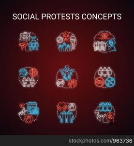 Social protests neon light concept icons set. Public demonstrations, civil disobedience idea. Glowing sign with alphabet, numbers and symbols. Political strikes, boycotts vector isolated illustration