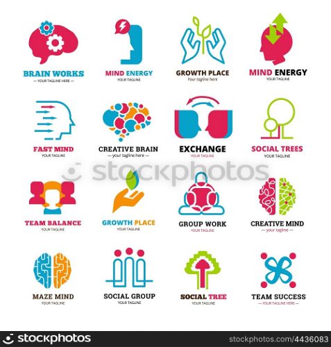 Social Relationship Logo Icons Set. Logo set of social relationship signs presenting team or group working and mind storming flat isolated vector illustration