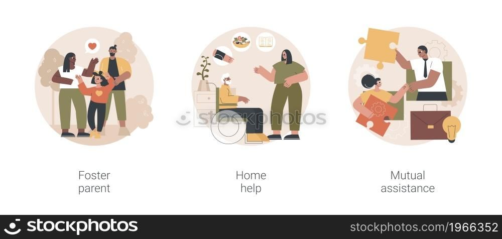 Social responsibility abstract concept vector illustration set. Foster parent, home help, mutual assistance, teamwork, care allowance, adoption of child, senior on wheelchair abstract metaphor.. Social responsibility abstract concept vector illustrations.
