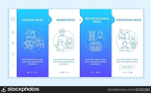 Social role type onboarding vector template. Responsive mobile website with icons. Web page walkthrough 4 step screens. People participation color concept with linear illustrations. Social role type onboarding vector template