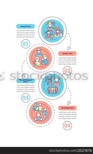 Social role type vector infographic template. Person engagement presentation outline design elements. Data visualization with 4 steps. Process timeline info chart. Workflow layout with line icons. Social role type vector infographic template