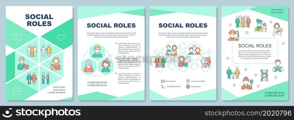 Social roles brochure template. Person position at community. Flyer, booklet, leaflet print, cover design with linear icons. Vector layouts for presentation, annual reports, advertisement pages. Social roles brochure template