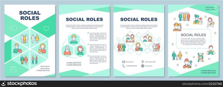 Social roles brochure template. Person position at community. Flyer, booklet, leaflet print, cover design with linear icons. Vector layouts for presentation, annual reports, advertisement pages. Social roles brochure template