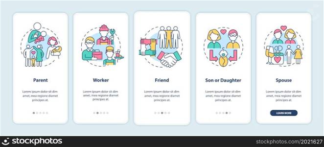 Social roles example onboarding mobile app page screen. People function in society walkthrough 4 steps graphic instructions with concepts. UI, UX, GUI vector template with linear color illustrations. Social roles example onboarding mobile app page screen