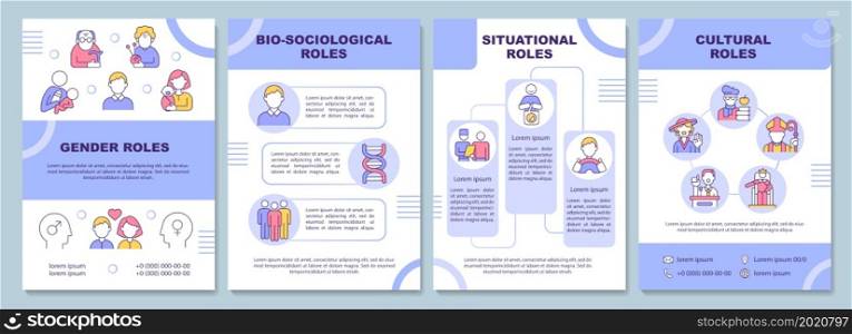 Social roles in community brochure template. Personal position flyer, booklet, leaflet print, cover design with linear icons. Vector layouts for presentation, annual reports, advertisement pages. Social roles in community brochure template
