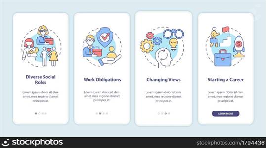Social roles onboarding mobile app page screen. Work obligations. Starting a career walkthrough 4 steps graphic instructions with concepts. UI, UX, GUI vector template with linear color illustrations. Social roles onboarding mobile app page screen