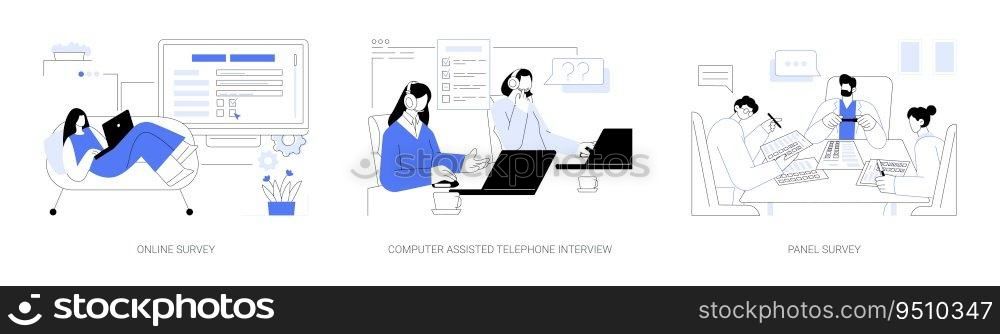 Social science abstract concept vector illustration set. Online survey, computer assisted telephone interview, CATI software, panel survey questionnaire, opinion poll, focus group abstract metaphor.. Social science abstract concept vector illustrations.