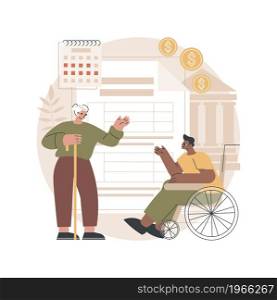 Social security abstract concept vector illustration. Social security benefit, state allowance, retirement insurance, happy disabled person, old, elderly couple, sign agreement abstract metaphor.. Social security abstract concept vector illustration.