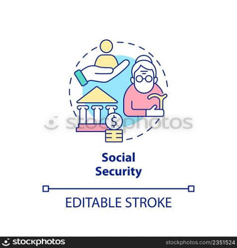 Social security concept icon. Federal social financial protection includes abstract idea thin line illustration. Isolated outline drawing. Editable stroke. Arial, Myriad Pro-Bold fonts used. Social security concept icon