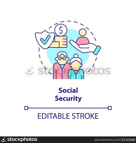 Social security concept icon. Retirement income and insurance. Expenditures abstract idea thin line illustration. Isolated outline drawing. Editable stroke. Arial, Myriad Pro-Bold fonts used. Social security concept icon