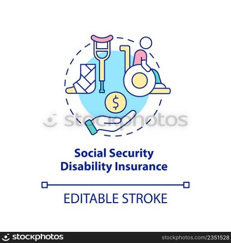 Social security disability insurance concept icon. Federal coverage includes abstract idea thin line illustration. Isolated outline drawing. Editable stroke. Arial, Myriad Pro-Bold fonts used. Social security disability insurance concept icon