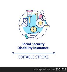 Social security disability insurance concept icon. Federal coverage includes abstract idea thin line illustration. Isolated outline drawing. Editable stroke. Arial, Myriad Pro-Bold fonts used. Social security disability insurance concept icon
