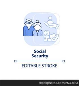 Social security light blue concept icon. Retirement income, insurance. Expenditures abstract idea thin line illustration. Isolated outline drawing. Editable stroke. Arial, Myriad Pro-Bold fonts used. Social security light blue concept icon