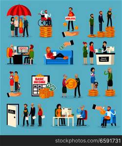 Social security orthogonal icons set with family protection, disability and unemployment benefits, documents execution isolated vector illustration. Social Security Orthogonal Icons Set