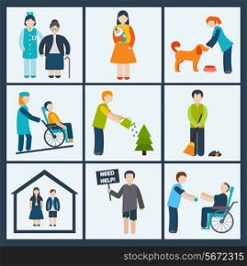 Social services and volunteer icons set isolated vector illustration