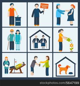 Social services and volunteer organizations icons set flat isolated vector illustration