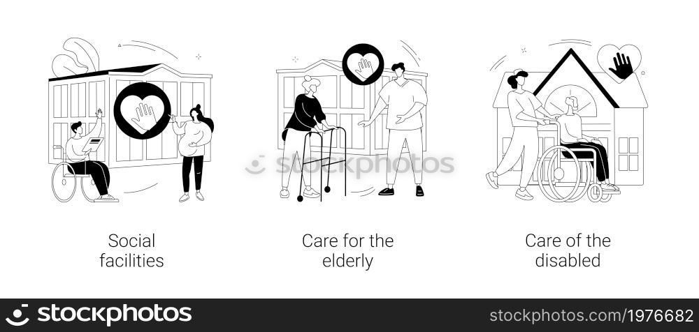 Social services work abstract concept vector illustration set. Social facilities, care for the elderly and disabled people, health care, retired people, nursing home, wheelchair abstract metaphor.. Social services work abstract concept vector illustrations.