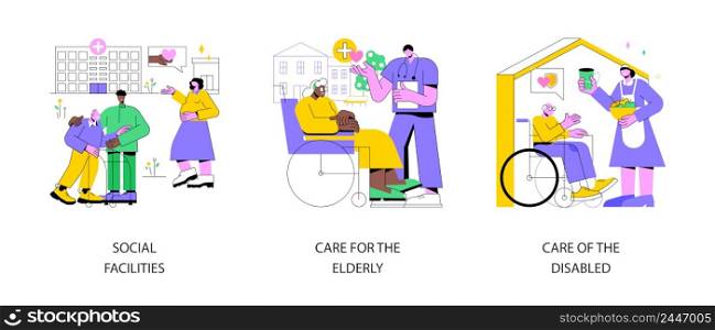 Social services work abstract concept vector illustration set. Social facilities, care for the elderly and disabled people, health care, retired people, nursing home, wheelchair abstract metaphor.. Social services work abstract concept vector illustrations.