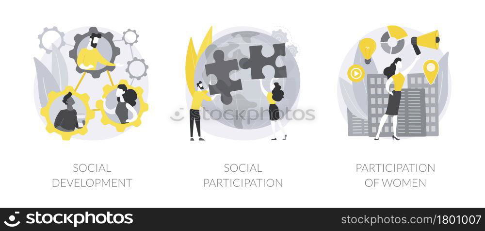 Social skills competence abstract concept vector illustration set. Social development and participation, women role in society and politics, gender equality rights, volunteering abstract metaphor.. Social skills competence abstract concept vector illustrations.