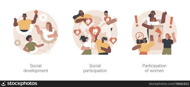 Social skills competence abstract concept vector illustration set. Social development and participation, women role in society and politics, gender equality rights, volunteering abstract metaphor.. Social skills competence abstract concept vector illustrations.