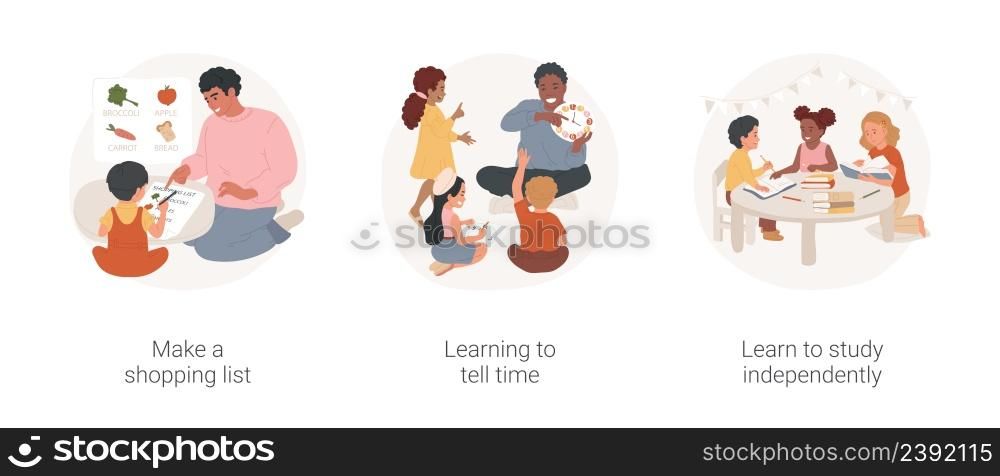Social skills development in kindergarten isolated cartoon vector illustration set. Make a shopping list, learning to tell time, learn to study independently, preschool education vector cartoon.. Social skills development in kindergarten isolated cartoon vector illustration set.