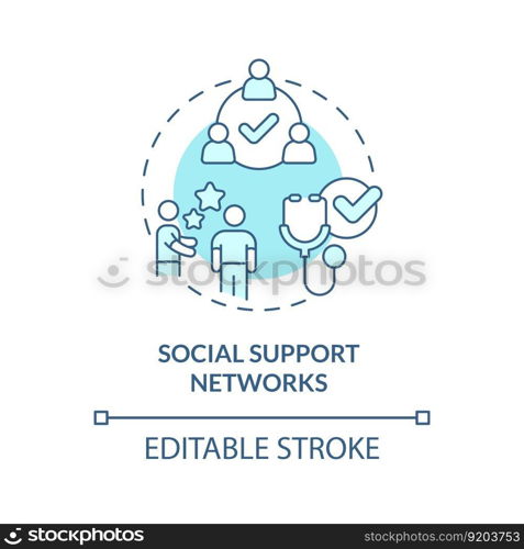 Social support networks turquoise concept icon. Promote good health and prevent illness. Public determinant of health abstract idea thin line illustration. Isolated outline drawing. Editable stroke. Social support networks turquoise concept icon