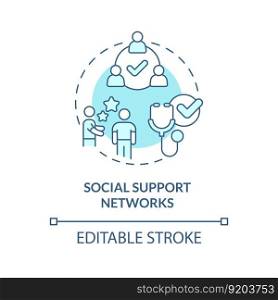 Social support networks turquoise concept icon. Promote good health and prevent illness. Public determinant of health abstract idea thin line illustration. Isolated outline drawing. Editable stroke. Social support networks turquoise concept icon