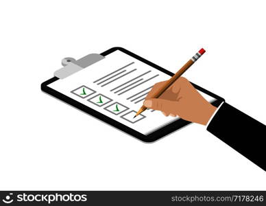 Social survey for rating. Feedback concept. Hand of businessman holding pen put check mark. Eps10. Social survey for rating. Feedback concept. Hand of businessman holding pen put check mark