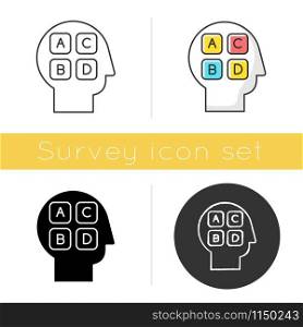 Social survey icon. Public opinion. Research. Consumer review. Customer satisfaction. Personality test. Feedback. Evaluation. Glyph design, linear, chalk and color styles. Isolated vector illustration