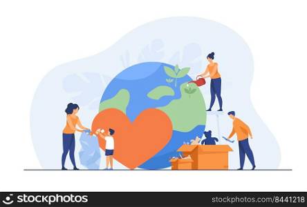 Social team helping charity and sharing hope flat vector illustration. Cartoon people giving humanitarian help and aid. Volunteering, emergency service and safety concept