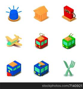Social transport icons set. Isometric set of 9 social transport vector icons for web isolated on white background. Social transport icons set, isometric style