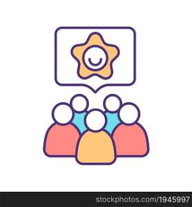Social trust RGB color icon. Public opinion on governmental issues. Media literacy in digital era. Responcible citizens on forum. Isolated vector illustration. Simple filled line drawing. Social trust RGB color icon
