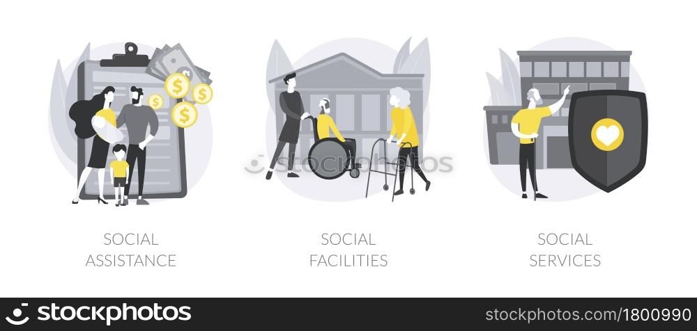 Social work abstract concept vector illustration set. Social assistance and facilities, public welfare service, home nursing, caregiver support, volunteer help, healthcare center abstract metaphor.. Social work abstract concept vector illustrations.