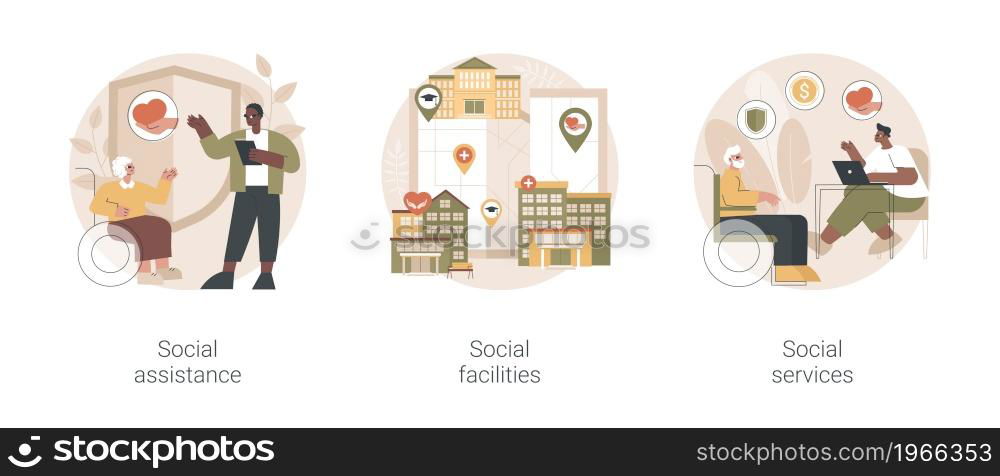 Social work abstract concept vector illustration set. Social assistance and facilities, public welfare service, home nursing, caregiver support, volunteer help, healthcare center abstract metaphor.. Social work abstract concept vector illustrations.