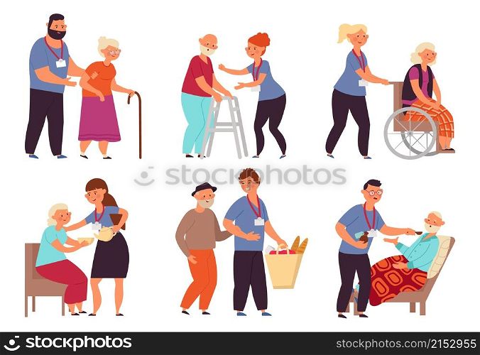 Social worker characters. Senior elderly care, old person taking help. Volunteers service, health food caring. Assistance vector set. Illustration volunteer support elderly grandfather and granny. Social worker characters. Senior elderly care, old person taking help. Volunteers service, health food caring charity. Decent assistance vector set