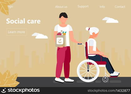 Social worker is taking care about senior woman. Support disable people concept vector in flat style for landing page. Volunteer, young man rides wheelchair and shop. Grandson helps her grandmother.. Social worker is taking care about senior woman. Support disable people concept vector in flat style for landing page. Volunteer, young man rides wheelchair and shop. Grandson helps grandmother.