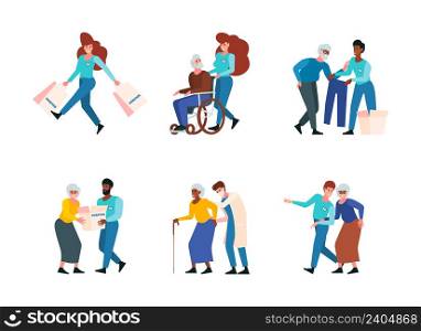 Social workers. Support service for poor people nurse helping to elderly in wheelchairs garish vector people illustrations in flat style. Illustration support and care elderly, social help for senior. Social workers. Support service for poor people nurse helping to elderly in wheelchairs garish vector people illustrations in flat style