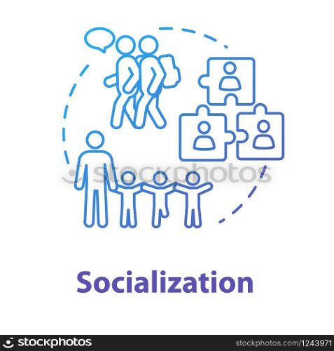 Socialization concept icon. Diversity in school group. Inclusive education. Social adaptation. Relationship idea thin line illustration. Vector isolated outline RGB color drawing. Editable stroke