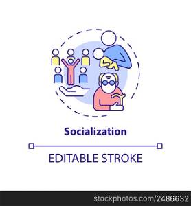 Socialization concept icon. Social norms and rules. Social institutions function abstract idea thin line illustration. Isolated outline drawing. Editable stroke. Arial, Myriad Pro-Bold fonts used. Socialization concept icon